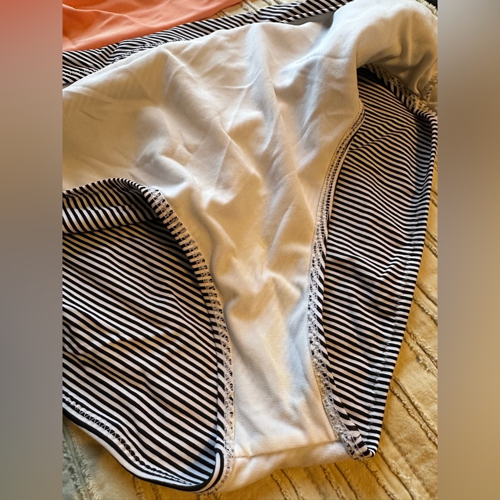 Coral Ruffle Bikini Top with Black & White Striped High Waist Bottoms - Picture 4 of 6